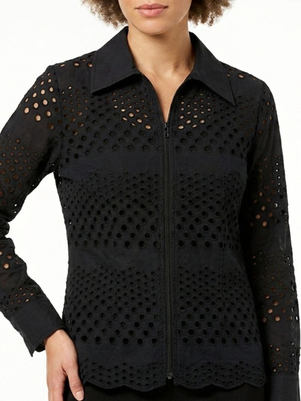 Katherine New York Black Geometric Knit Full Zip Blouse Women Size S